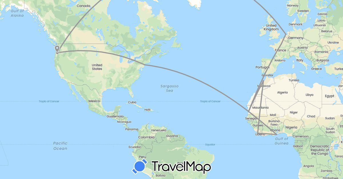 TravelMap itinerary: driving, plane in France, Ghana, Liberia, Morocco, Mauritania, Netherlands, United States (Africa, Europe, North America)